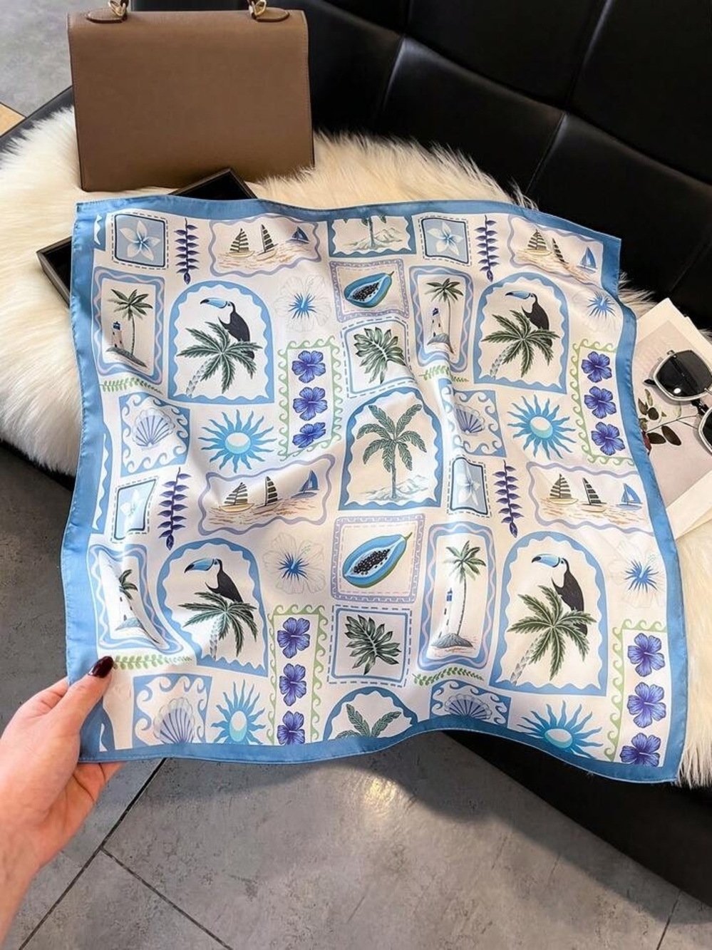 Silk-feel Blue Tropical Print Scarf - Head, Neck 70*70cm